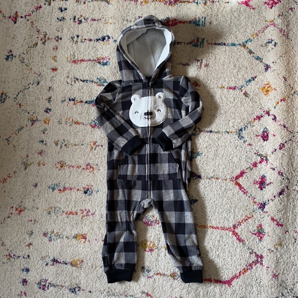 Gray Buffalo plaid fleece romper